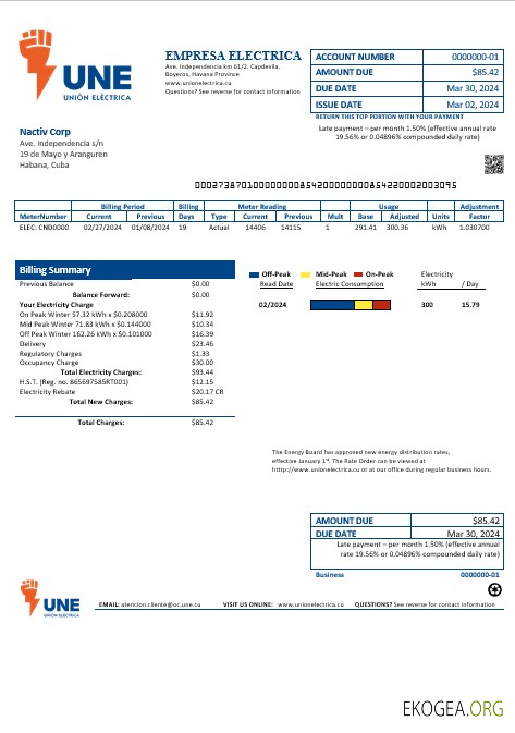Modèle de facture de services publics de Cuba Empresa Electrica aux formats Word et PDF